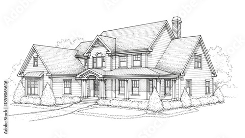 High-Quality Black Line Art of Suburban Residential House