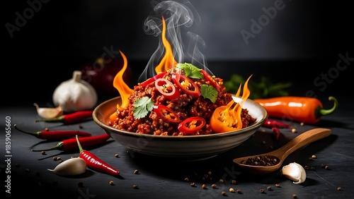 Spicy chili con carne served hot with flames and fresh ingredients.