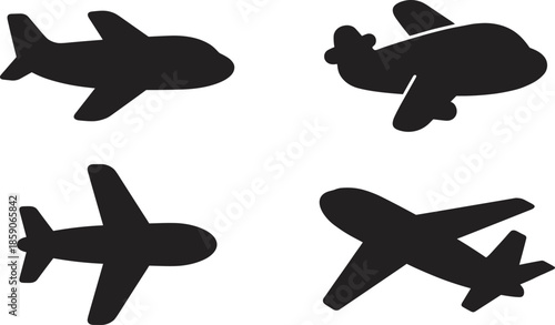 Airplane silhouette icons, aircraft flying symbols set, commercial passenger plane shapes for aviation travel transport design, vector minimal black collection