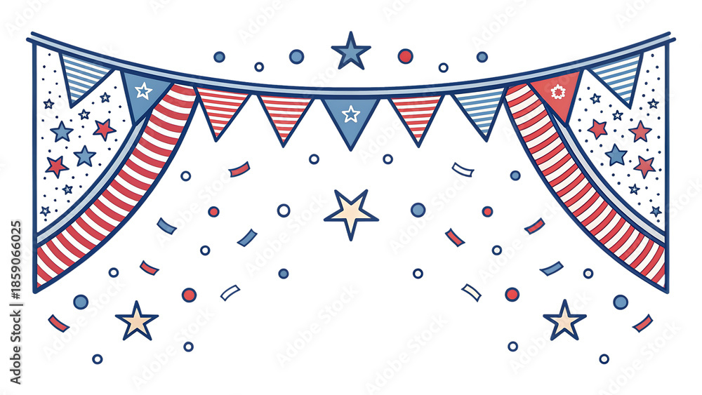 Obraz premium Festive American flag bunting and confetti border, red, white, blue stars, isolated on transparent background.