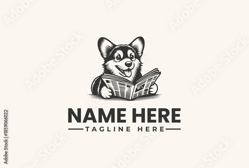 Black and white illustration of a cute dog reading a newspaper with placeholder text for a logo on a clean background.