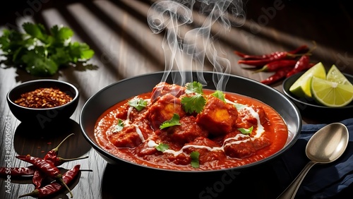 Delicious steaming hot paneer butter masala served with lime wedges and dried chilies, a popular Indian dish.