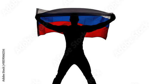 Silhouette of a Patriot Man Holding the Russian National Flag Isolated on White Background