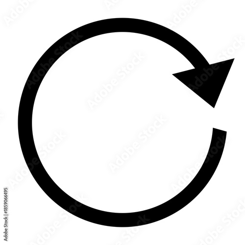 Simple black circular refresh icon with an arrow, representing reload, repeat, or update action on a white background.