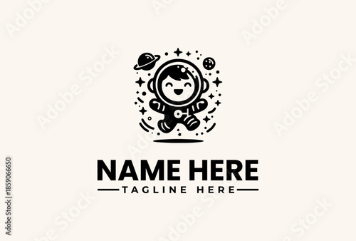 A black and white illustration of a smiling astronaut surrounded by celestial objects and stars, with a placeholder text for a logo name and tagline on a plain beige background.