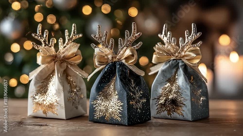 Christmas Gift Bags Featuring Shiny Gold Pine Tree Patterns