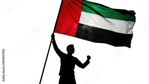 Silhouette of Man Holding United Arab Emirates Flag Isolated on White Background