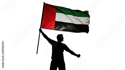 Silhouette of Man Holding United Arab Emirates Flag Isolated on White Background