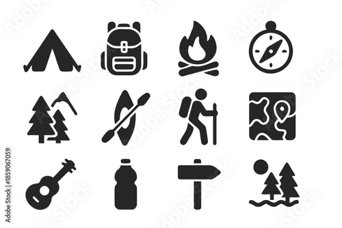 Outdoor adventure and camping in the forest with travel recreation icons