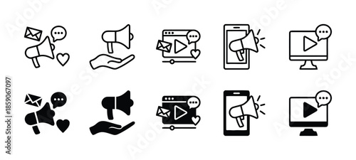Outline and Silhouette Digital Marketing and Video Promotion Vector Icon Set