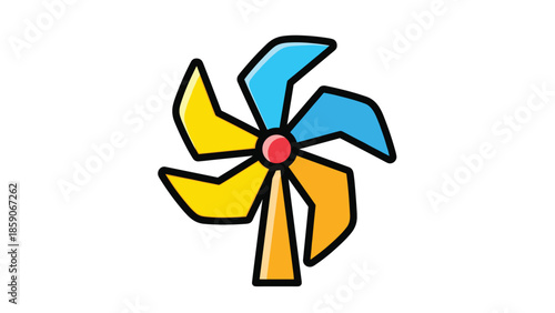Colorful cartoon wind turbine with yellow and blue blades, Generative AI.
