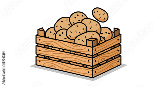 Fresh potatoes in a rustic wooden crate overflowing with produce, Generative AI.