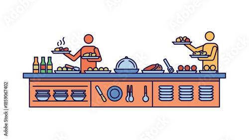 Catering staff serving food at a buffet, Generative AI.