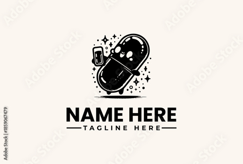 Black and white vector illustration of a stylized pill logo with a cup of coffee and sparkles on a beige background for a customizable template.