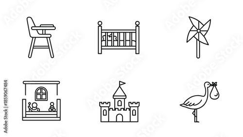Simple line icons of baby and kids' items and play, Generative AI.