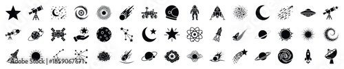 Comprehensive collection of black astronomy silhouettes featuring stars planets rockets galaxies and astronauts for science education materials and cosmic exploration research projects