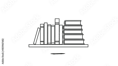 Stack of books on a shelf with a pen lying underneath, Generative AI.