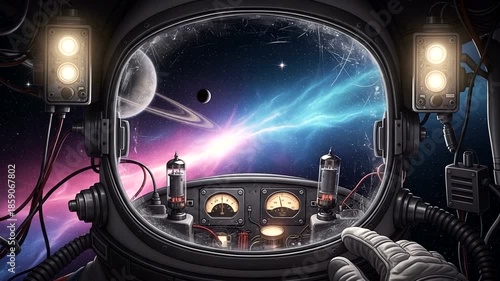 Astronaut's View of Cosmic Landscape with Planets