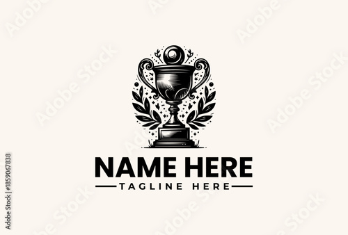 Black and white illustration of a trophy with leaves and a ball on top, surrounded by placeholder text for a name and tagline on a plain background.