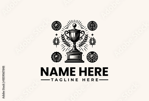 A black and white illustration of a trophy surrounded by laurel wreaths and icons on a beige background with a placeholder text for a logo or name.