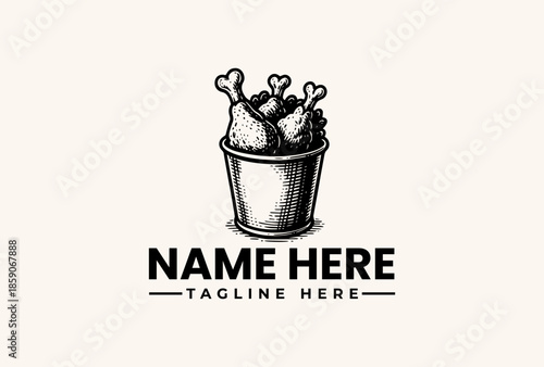 A black and white illustration of a bucket filled with chicken bones against a clean background with a placeholder text for a logo and tagline in a simple design.
