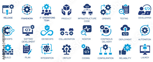 DevOps icon collection, containing software development, deployment, operate, monitor, testing, collaboration and more. Solid vector icons set.