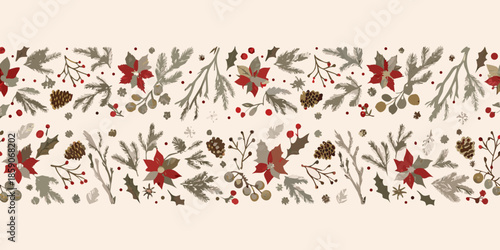 Festive floral border with poinsettias pine sprigs and winter botanical elements