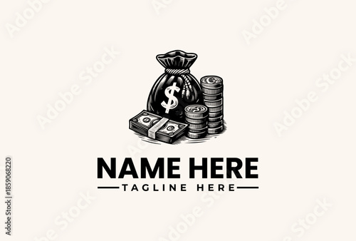 Black and white illustration of a money bag with dollar sign, coins, and bills on a beige background with a placeholder text for a logo or brand name.