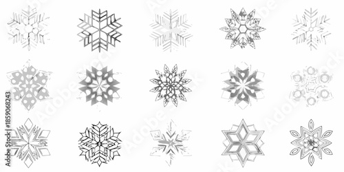 Collection of intricate grayscale snowflake illustrations with varying designs and shapes