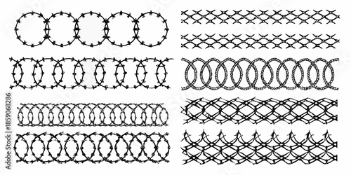 Various patterns of black barbed wire and chain link fencing illustrated