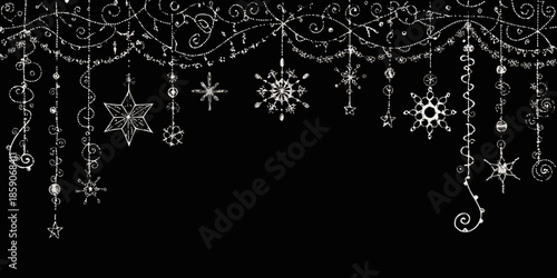 Elegant sketched christmas ornaments and decorations on a black background