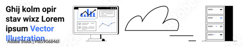 Cloud storage, data management, IT infrastructure, web hosting, tech innovation, remote servers. Monitor displaying data graphs, a cloud icon and server racks. Cloud storage and IT infrastructure