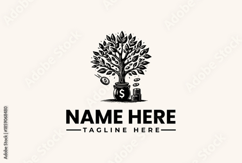 Black and white illustration of a tree growing out of a money bag with coins, symbolizing financial growth, against a clean white background.