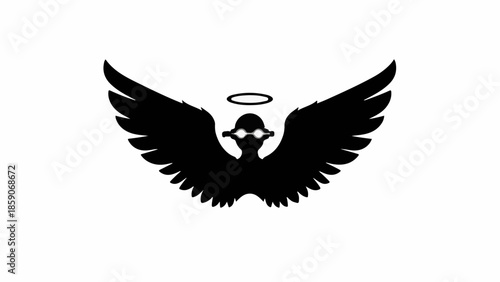 Whimsical silhouette of a winged creature with a halo, symbolizing a playful guardian or angelic spirit.