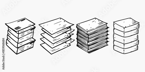 A series of sketches depicting increasing stacks of papers or documents