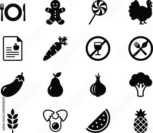 Food nutrition and dietary icon set in solid black style, healthy meal vegetable protein symbols collection