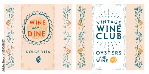 Floral framed banners displaying wine dining vintage themes and oyster illustrations