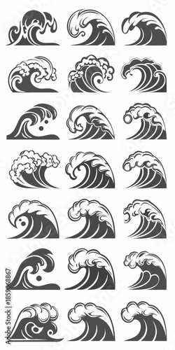 Collection of stylized wave designs in black and white oceanic patterns