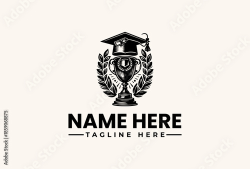 Black and white vector illustration of a graduation cap on a trophy with laurel wreaths and a scroll, with a placeholder text for name and tagline on a plain background.