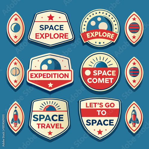 A collection of colorful space exploration badges and patches with various designs