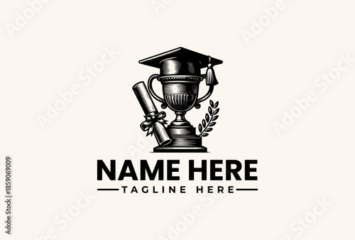 A black and white illustration of a graduation cap on a trophy with a diploma and laurel, accompanied by placeholder text on a beige background.