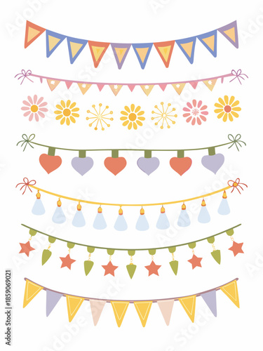 Colorful bunting garlands with flowers hearts bells and stars decorations