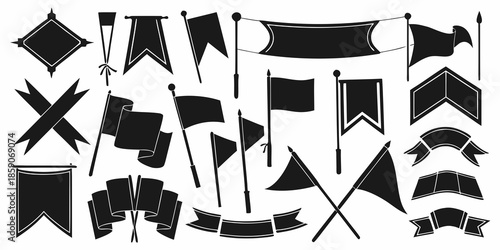 Collection of decorative black flags banners and pennants in a vector style