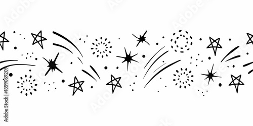 Black and white sketch of stars sparkles and scattered celebratory elements