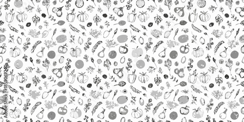 Detailed monochrome pattern featuring various fruits and vegetables in a seamless design