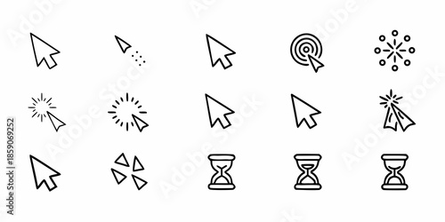 Collection of diverse computer cursor icons and time related symbols
