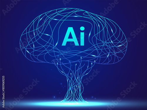 Futuristic Digital Tree of Artificial Intelligence and Big Data Network Lines Vector Design Concept with Brain Shape Circuitry Representing Neural Connections, Machine Learning, and Tech Innovation.