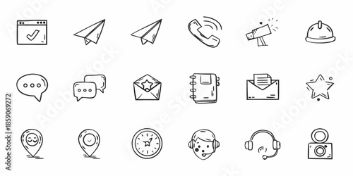 Collection of communication and technology related line icons in black and white