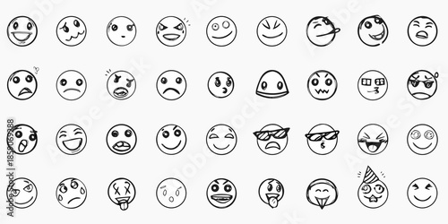 Collection of hand drawn black and white emoticons expressing various feelings