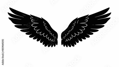 Majestic black feathered wings spread wide against a clean white background, symbolizing freedom and power.